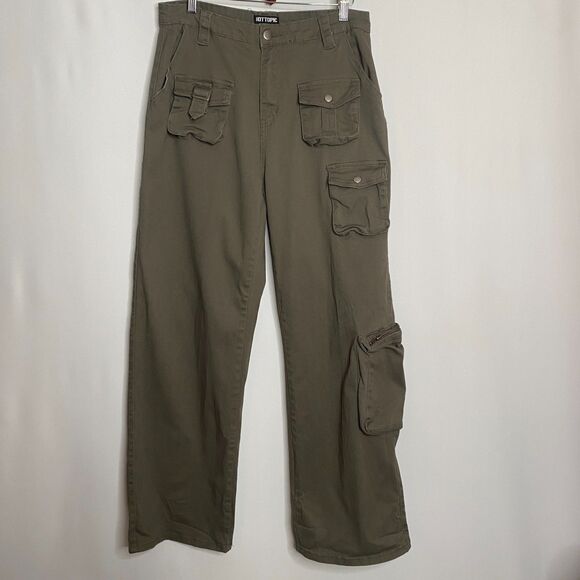 Hot Topic Olive Green Multi-Pocket Girls Cargo Wide Leg Trousers Y2K Size 9 - Picture 1 of 11